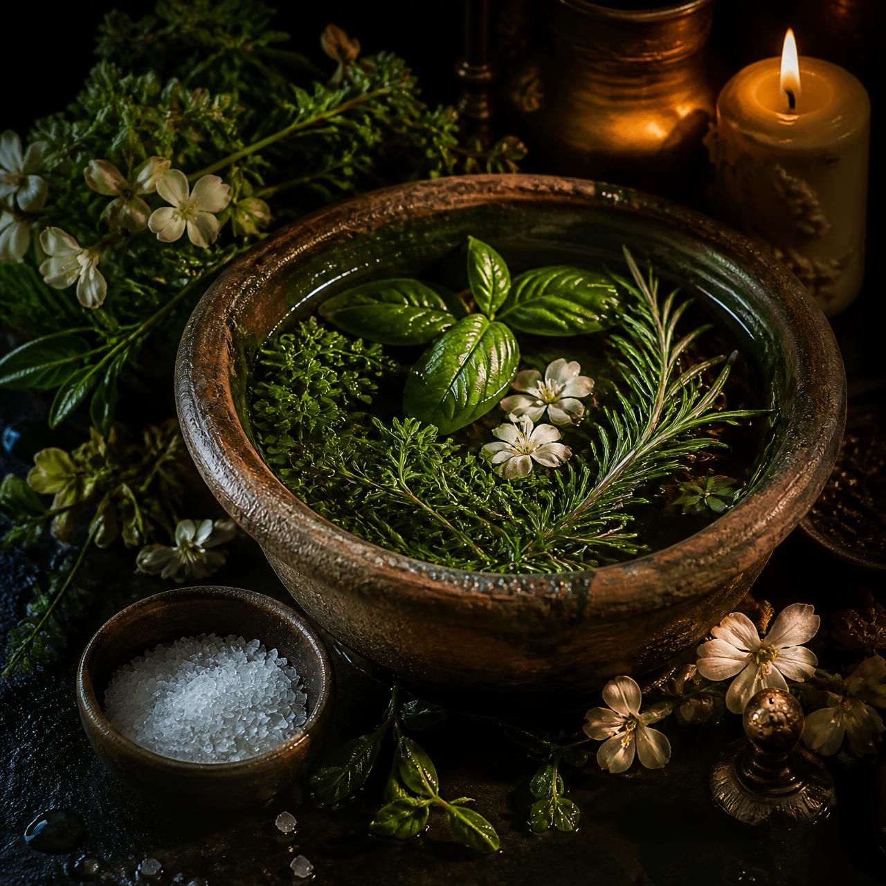 Bacia de barro com ervas frescas, sal grosso e velas para banho energético