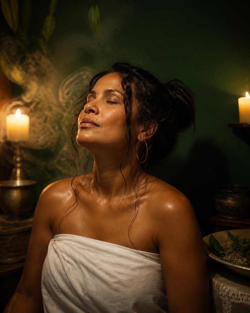 Mulher de olhos fechados em ritual de banho à luz de velas